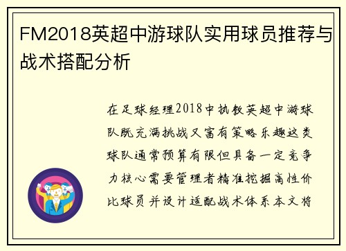 FM2018英超中游球队实用球员推荐与战术搭配分析